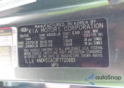 2015 Kia Sportage Ex z USA, uszkodzony, nr VIN KNDPCCAC3F7720683